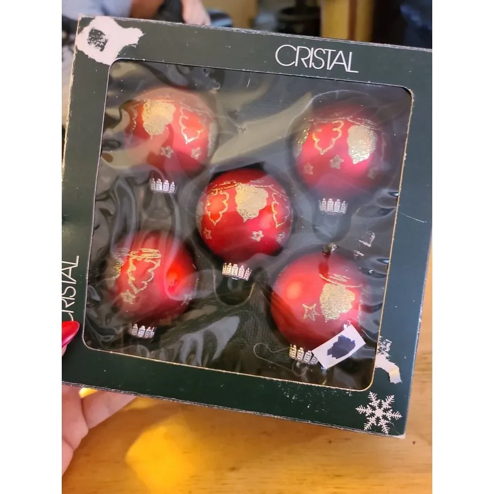 VTG RED GOLD GLITTERY Glass Christmas Tree Ornaments CRISTAL W. Germany‎